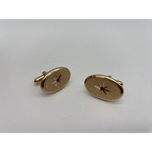 VTG AVON Star Etched Cufflinks With Blue Rhinestone Gold Tone‎ Oval